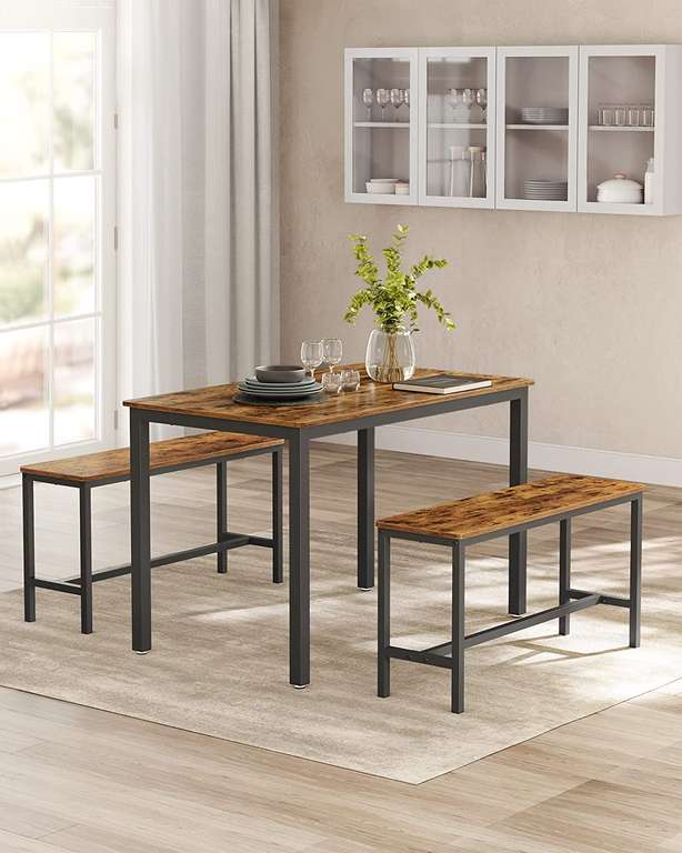 Ensemble Table + 2 bancs Vasagle KDT070B01 - Cadre acier, Table : 110 x 70 x 75 cm, Bancs : 97 x 30 x 50 cm, Finition marron rustique