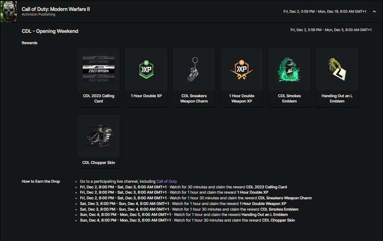 Cosmétiques et double XP / XP armes offerts sur divers jeux (via Drops Twitch) - Ex : Call of Duty Modern Warfare II (Dématérialiisé)