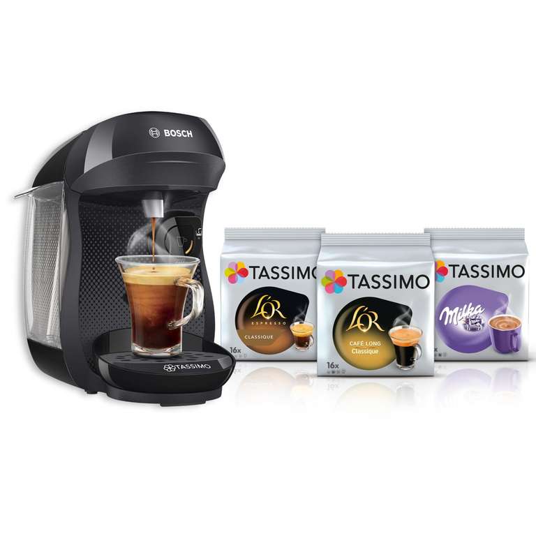 Machine à boissons chaudes Bosch Tassimo Happy - 1400 W, 0.7 litre, Noir + 3 paquets de dosettes inclus
