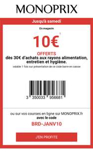 10 euros de réduction dès 30 euros d'achat en magasin ou sur le site (Dans les rayons d'alimentation, entretien et hygiène)