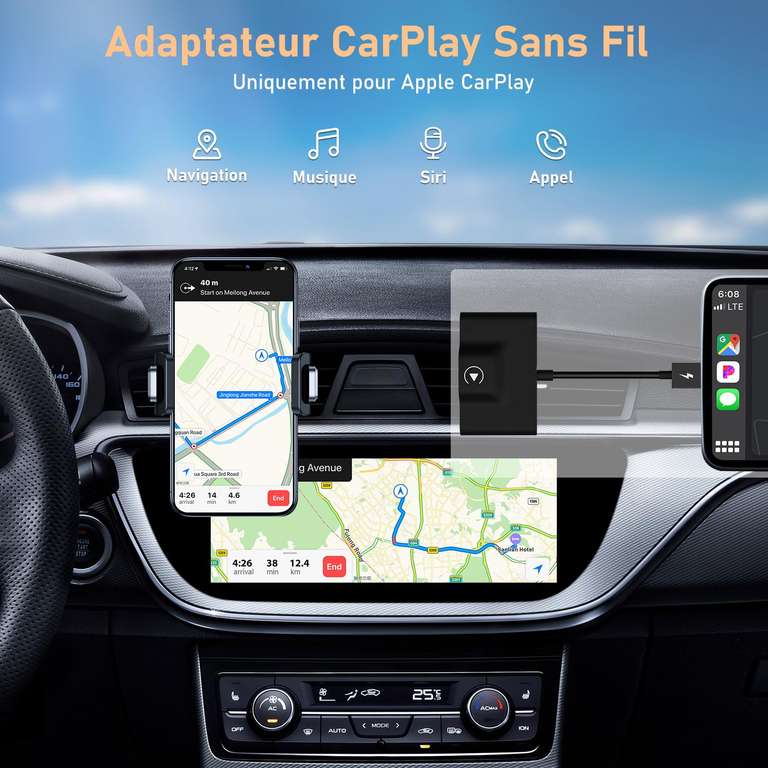 Adaptateur de récepteur Carplay sans fil Apple Iphone Bluetooth