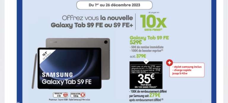 Tablette 10.9" Samsung Galaxy Tab S9 FE (via reprise de votre tablette et ODR)