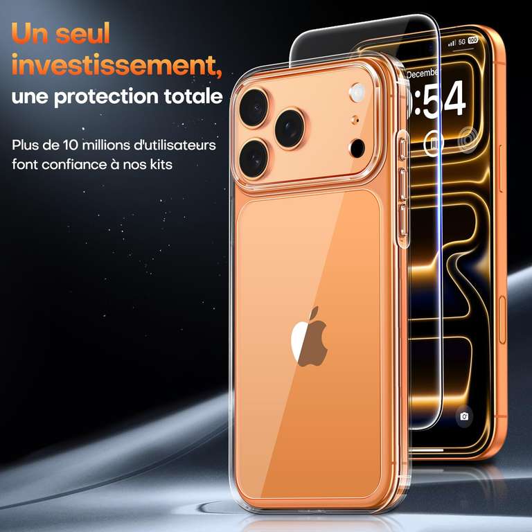 Coque IPhone 15 Pro 3-en-1 - Protection Antichoc + 2 écrans Trempés 9H - Anti-jaunissement - Mince Et Transparente - Gris