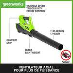 Souffleur sans-fil Greenworks G40AB - Régulateur de Vitesse, 177 km/h, 11,05 m³/min (Sans batterie/chargeur)