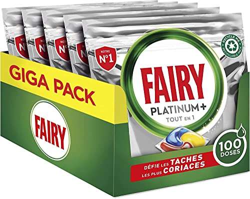 100 Tablettes Fairy Platinum Plus Tout-en-1 Pastilles Lave-Vaisselle - 5 x 20 Citron, Défie les taches les plus Coriaces