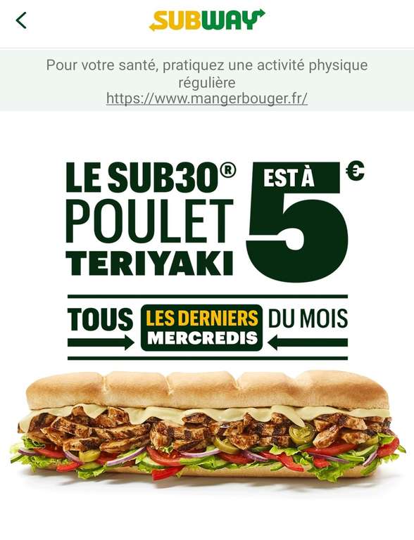 [Tous les derniers Mercredis du mois] Sandwich SUB30 Poulet Teriyaki