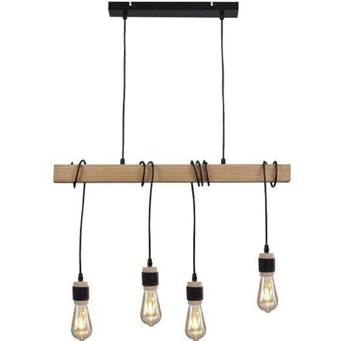 [CDAV] Suspension Detroit en bois - style industriel, Noir (4 ampoules LED E27 4W équivalent 40W fournies)
