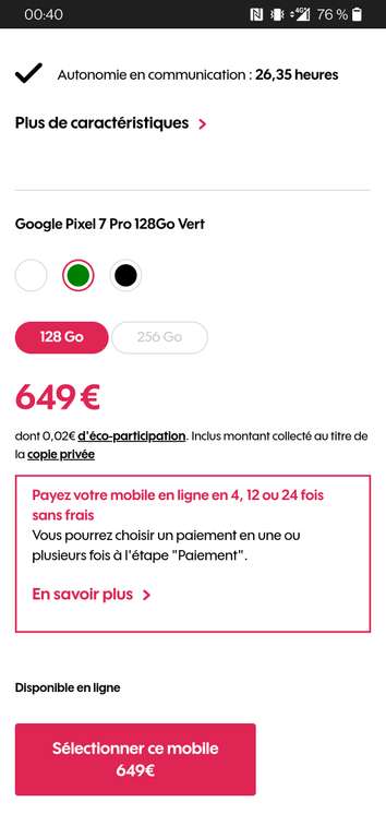 [Clients Sosh] Smartphone 6.7" Google Pixel 7 Pro