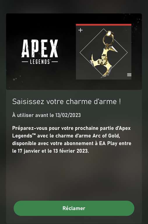 [Abonnés Game Pass Ultimate et/ou EA Play] Charme d’arme Arc of Gold pour Apex Legend offert