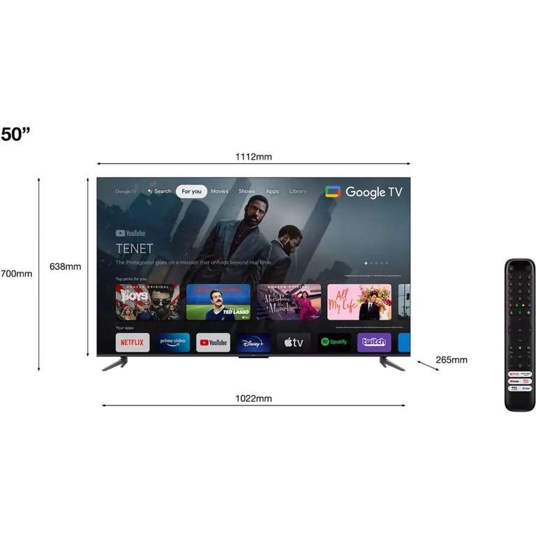 TV 50" QLED TCL 50C643 (2023) - 4K, HDMI 2.1, HDR 10+, Dolby Vision, Dolby Atmos, DTS, Google TV (Via 44,40€ sur Carte Fidélité + ODR 50€)