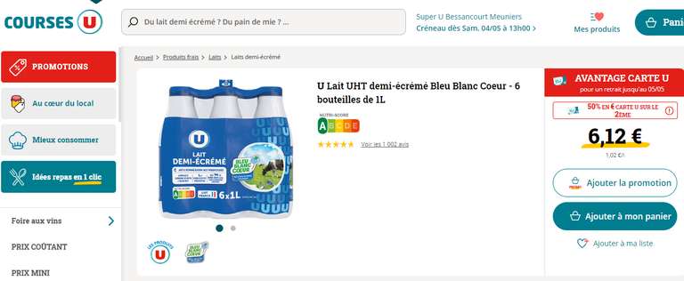 Lot 2 packs de 6 bouteilles 1 L de lait UHT demi-écrémé Bleu Blanc Coeur ( via 3,06€ sur la carte )