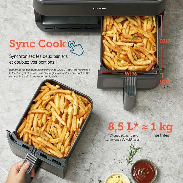 Air Fryer Cosori 10-en-1, 8,5L, Fenêtre visuelle, 85% moins d'huile, Accessoires inclus, Recettes en ligne