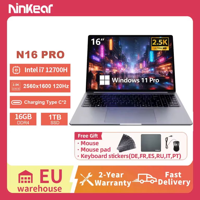 PC portable 16" Ninkear N16 Pro 2,5K 120Hz - Intel i7-12700H WiFi 6, 16 Go de RAM, 1 To SSD W11 Pro — AliExpress