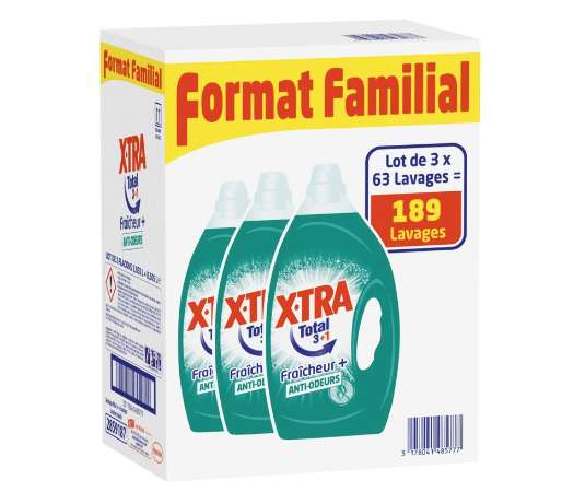 Lot de 3 bidons de Lessive liquide Xtra Total - Différentes variétés, 189 lavages (Via 20.99€ sur la carte de fidélité)