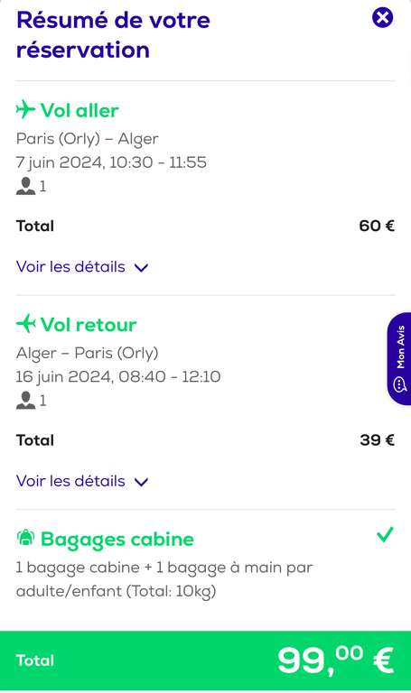 Vol A/R Paris (ORY) <-> Alger (ALG) - Du 7 au 16 Juin (Bagage cabine 10 kg inclus)
