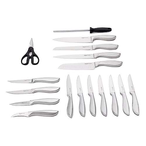 [Prime] Ensemble de couteaux 18 pièces à poignée confortable Amazon Basics - En acier inoxydable avec bloc de rangement
