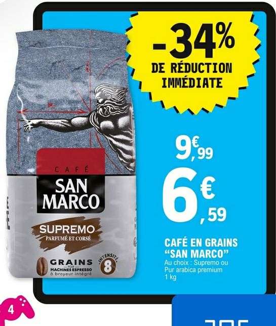 Paquet de café en grains San Marco - Suprême ou Pur Arabica Premium, 1 kg (sélection de magasins)