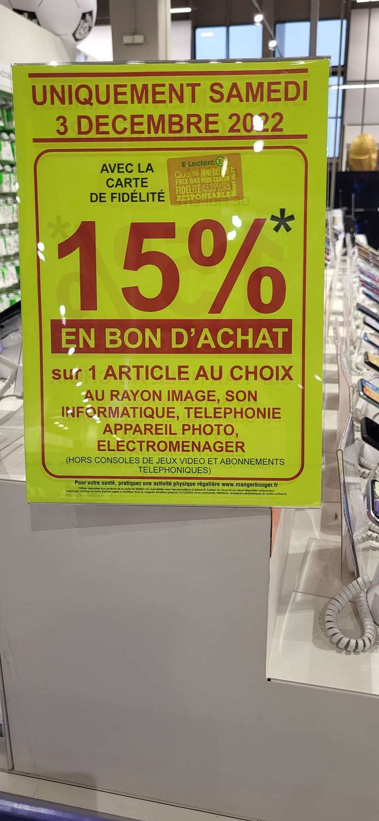 15% offerts en bon d'achat sur un article au choix parmi les rayons image, son, informatique, téléphonie, photo & électro - Thionville (57)