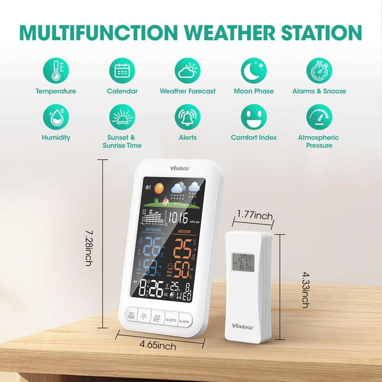 Station Météo Vexloria Intérieur/Extérieur Sans Fil | Thermomètre, Hygromètre, Baromètre - Écran LCD Rétroéclairé