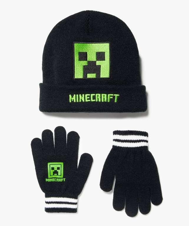 Ensemble bonnets + gants pour garçon - design Minecraft, noir