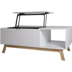 Table basse Lift à plateau relevable - blanc, piétement bois massif, style scandinave, 110 x 55 x 43 cm