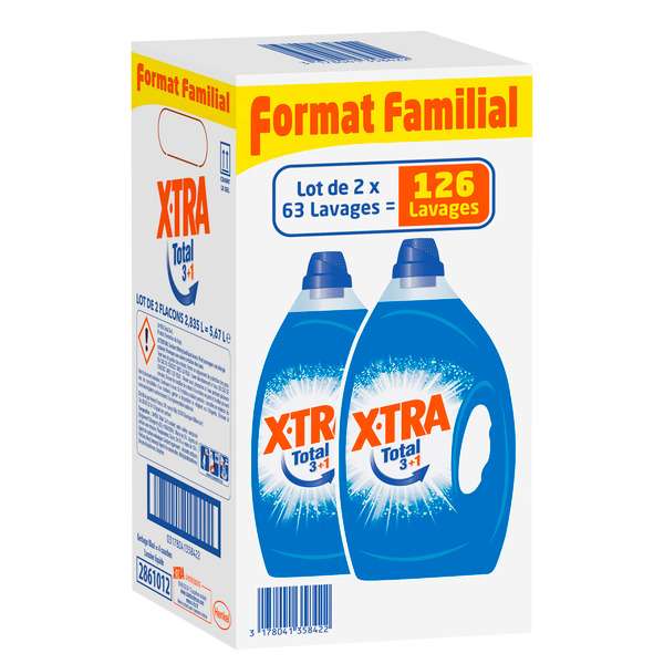 Lot de 2 bidons de Lessive Liquide Xtra Total - 2x 63 soit 126 lavages, différentes variétés (Via 13,65€ sur Carte fidélité)