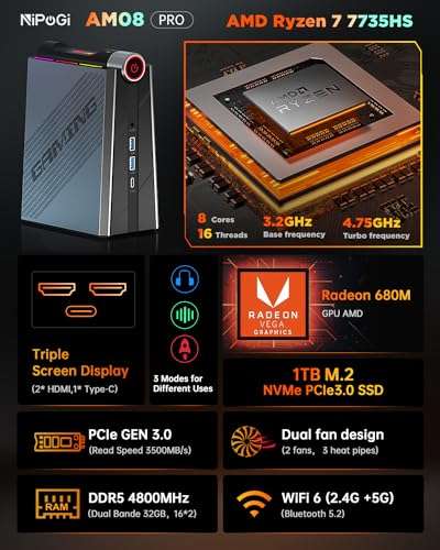 Mini PC NiPoGi AM8 Pro AMD Ryzen7 7735HS - 32 Go DDR5 (2x16 4800MHz) 1To M.2 NVME SSD WiFi6/BT5.2/USB4.0 (via coupon - Vendeur Tiers)