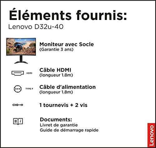 Ecran PC 31.5" Lenovo D32u-40 - 4K (3840x2160p), Dalle VA, 60Hz, 4ms (Vendeur Tiers)