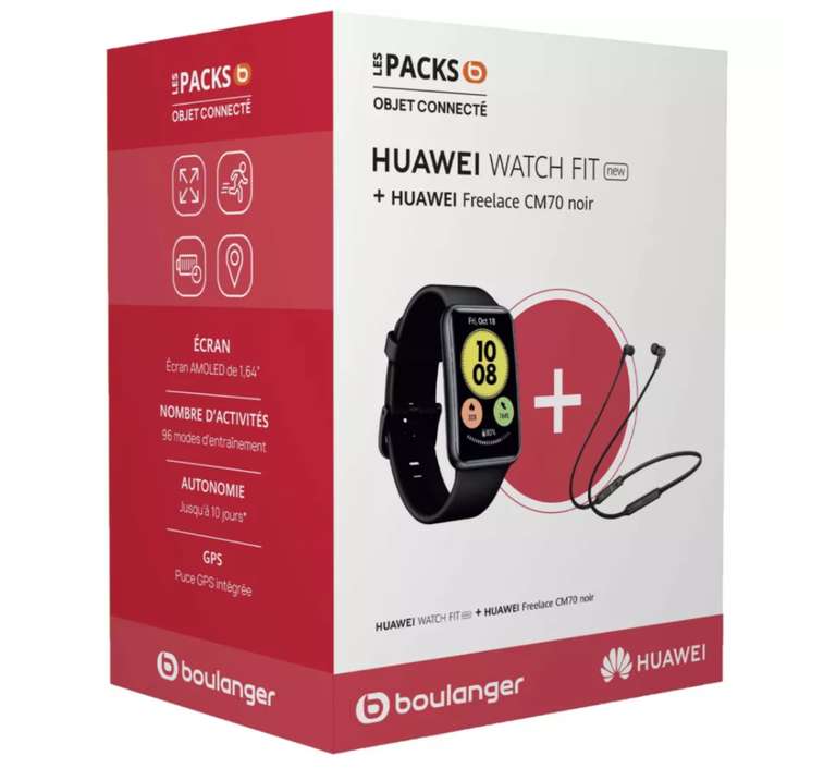 Montre connectée Huawei Pack Watch Fit New, Noir + Ecouteurs sans-fil Freelace CM70