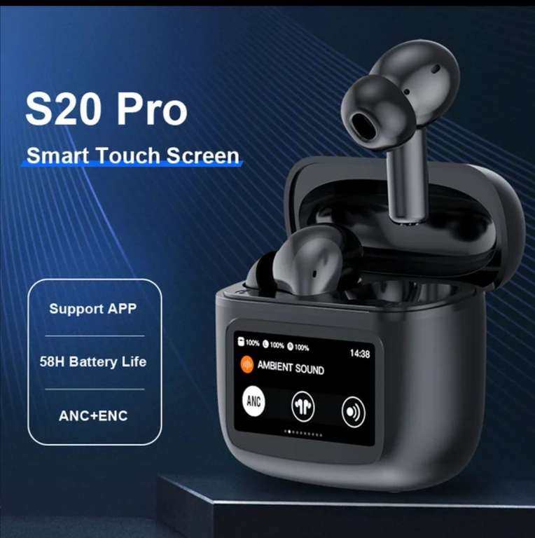 Écouteurs sans fil ANC S20 Pro - Ecran tactile, Antibruit, Bluetooth 5.3, prise en charge de la batterie longue durée, HiFi - Gris