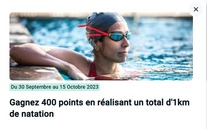 400 points fidélité offerts en réalisant un total de 1Km de natation