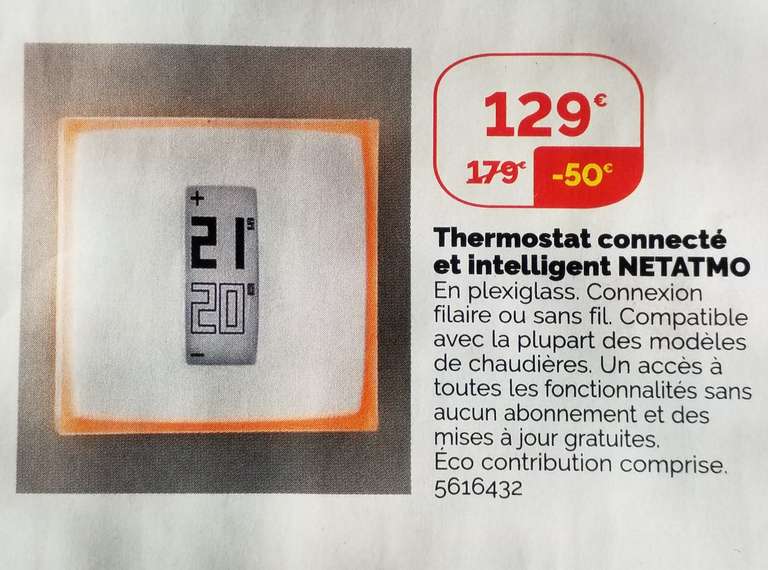 Thermostat Connecté et Intelligent Netatmo NTH01-FR-EC (Via ODR 30€)