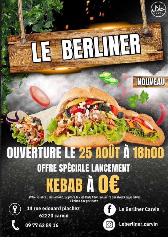 [Dès 18h] Un kebab offert le 25 août - Le Berliner Carvin (62)