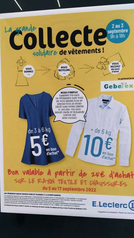5€ en Bon d'achat pour 3 à 6 kg ou 10€ dès 6 kg de vêtements rapportés (valable dès 25€ d'achat sur le textile et chaussures) - Laval (53)