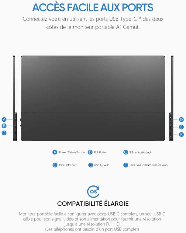 Sélection d'écrans portables en promotion - Ex : Écran portable 15,6" Arzopa A1 Gamut - Full HD IPS, 60Hz, 100% sRGB, HDR, HDMI & USB-C (VT)