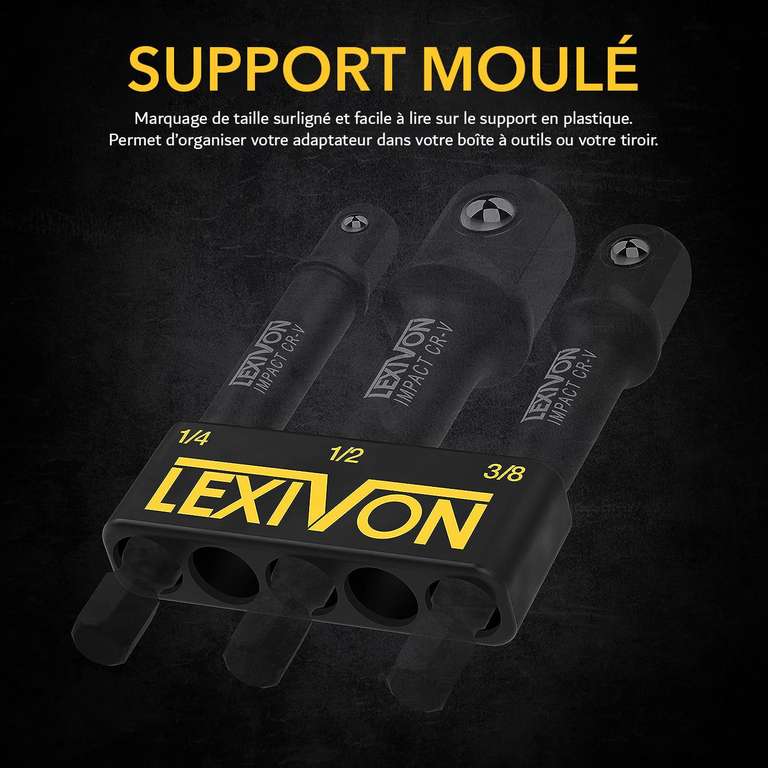 Lot de 3 adaptateurs portes douilles Lexivon LX-101 pour visseuse à chocs - Embouts ¼”, 3/8”, ½” 7.5 cm, Chrome vanadium (Vendeur tiers)