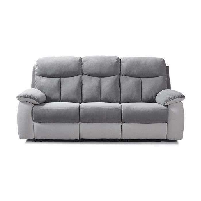 Canapé Relaxation manuel Belem - 3 places tissu gris clair et gris foncé, L 204 x P 94 x H 101 cm
