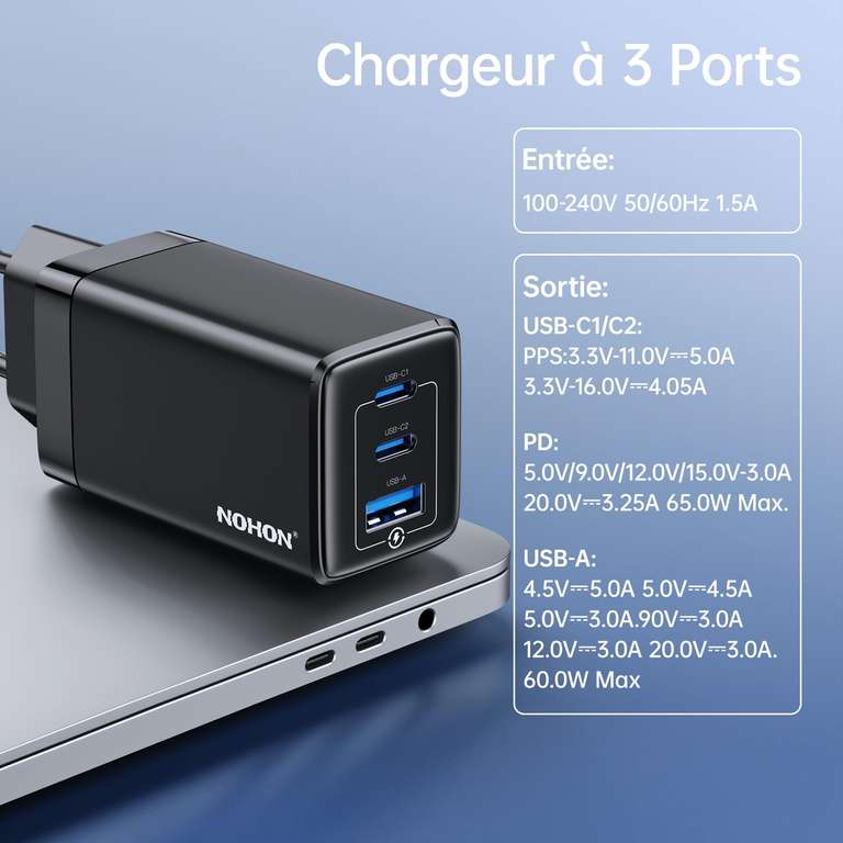 Chargeur USB-C Rapide Prise USB Nohon: 65W