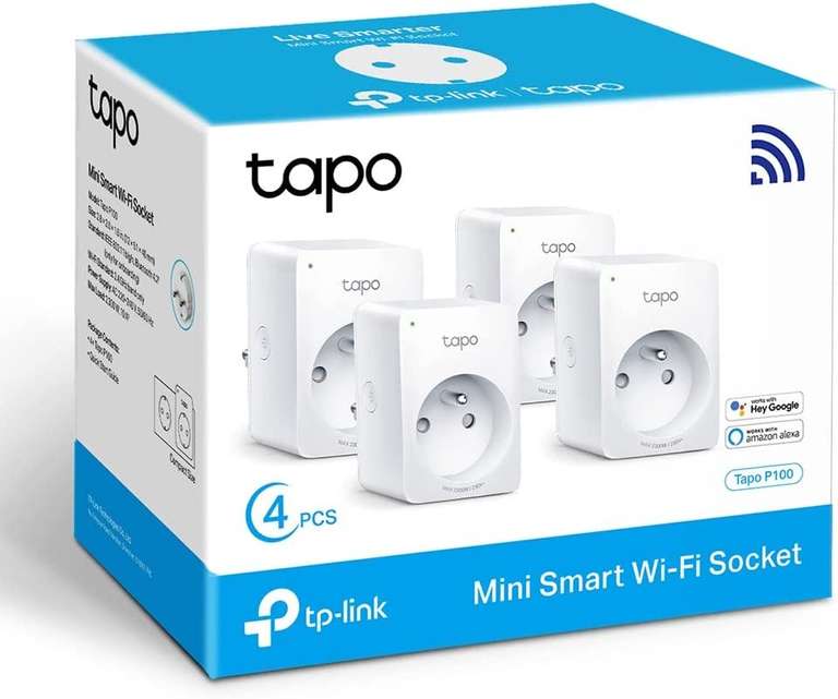 Pack de 4 Prises connectées WiFi TP-Link Tapo P100(FR) - 10A, Type E, Compatible Alexa & Google Home