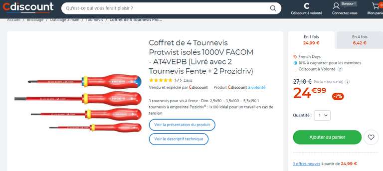 Coffret de 4 Tournevis Protwist isolés - 1000V FACOM (+2,5€ sur la cagnotte CDAV )