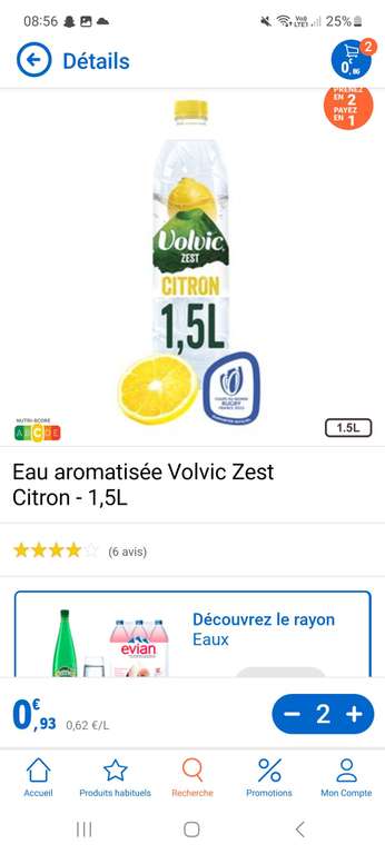 Lot de 2 bouteilles d'eau aromatisée Volvic Zest Citron - 2 x 1,5L (sélection de magasins)