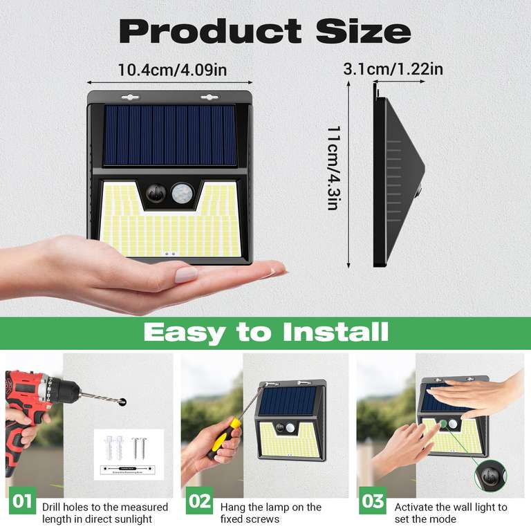 Lot De 4 Spots Solaires Extérieurs 308LED - Détecteur Mouvement 3 Modes - Éclairage Jardin Garage