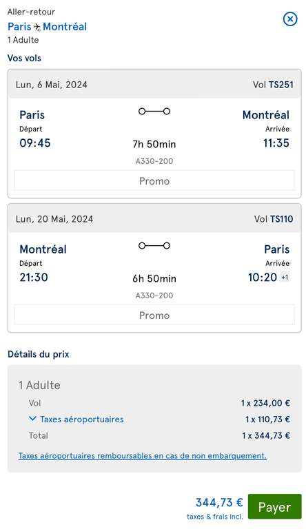 Promotion sur certains vols directs Air Transat vers le Canada depuis la France (ex: Paris <-> Montréal du 6 au 20 Mai à 345€)