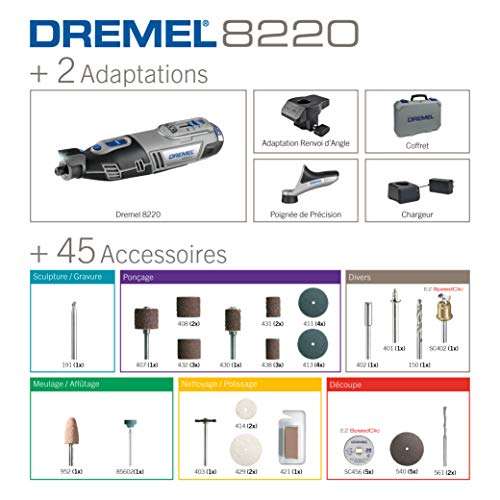 Outil rotatif multifonction sans-fil Dremel 8220 - 12V, avec 2 adaptations et 45 accessoires