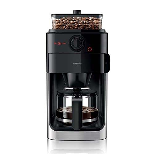 Machine à Café Filtre Philips avec Broyeur à Grains, Verseuse en Verre de 1.2 L, Jusqu'à 12 Tasses, Noir/Métal
