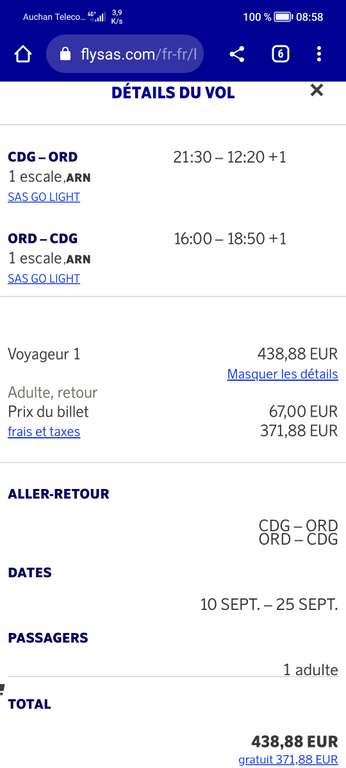 Vol avec escale A/R Paris (CDG) <-> Chicago (ORD) du 10 au 25 septembre avec bagage cabine via la compagnie Scandinavian Airlines