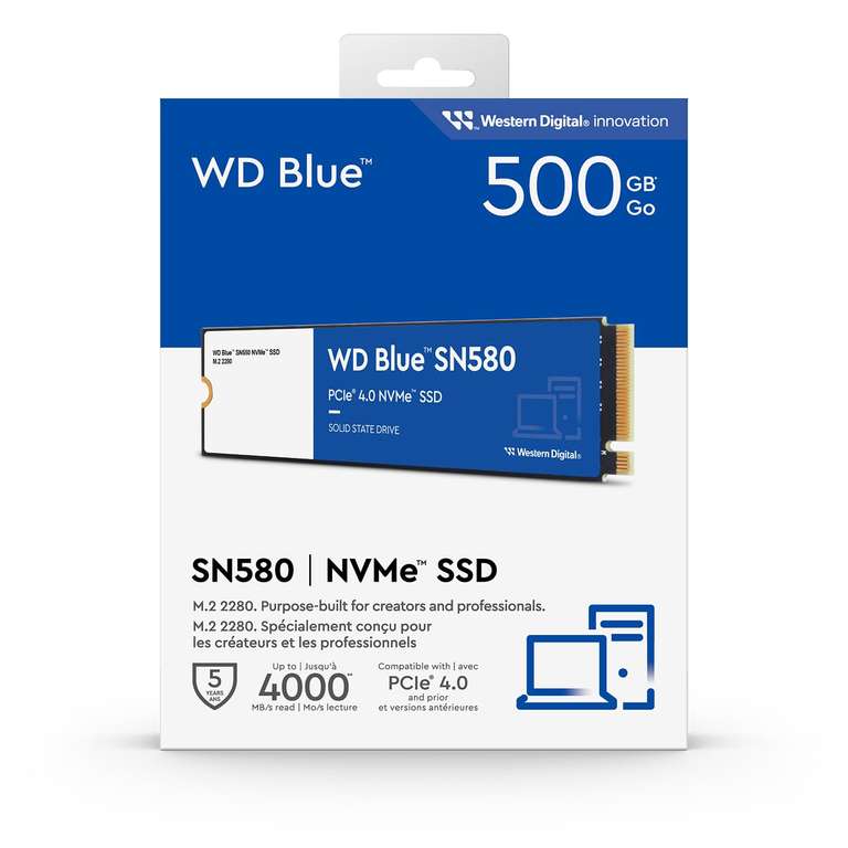SSD interne NVMe M.2 WD Blue SN580 M.2 500 Go - PCIe Gén. 4 x4, avec vitesse de lecture jusqu'à 4 000 Mo/s