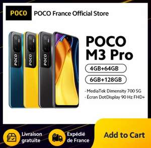 Smartphone 6.5" Xiaomi Poco M3 Pro 5G - full HD+, Dimensity 700, 6 Go RAM, 128 Go, Bleu ou Jaune (Entrepôt France)