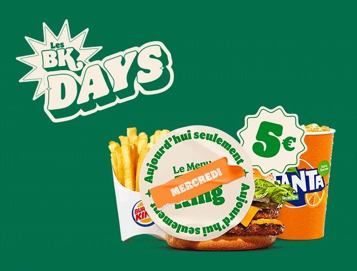 Sélection d'offres promotionnelles (burgers, glaces, menus,...) différentes chaque jour - Ex : [20/11] 1 menu M + 1 menu King Junior