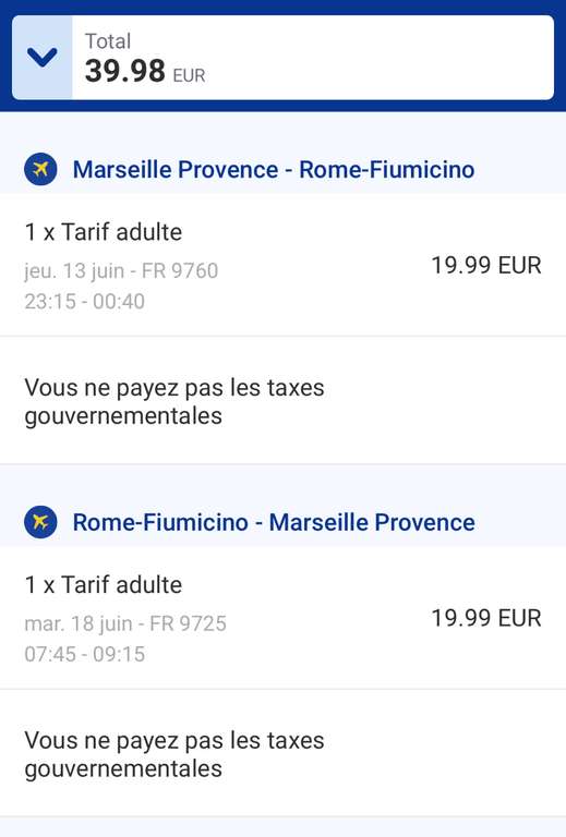 Vol A/R Marseille (MRS) <-> Rome (FCO) - Du 13 au 18 Juin (Bagage à main)